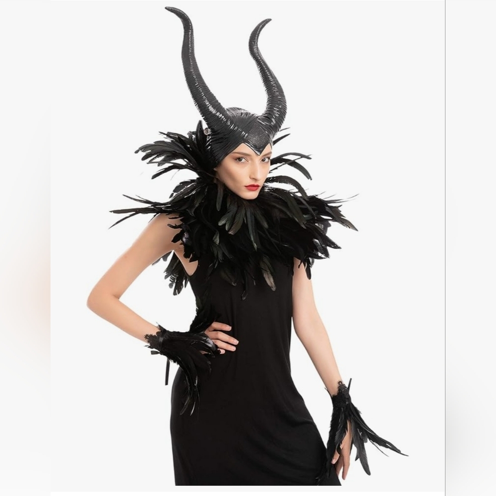 Black Feathered Costume with Horned Headpiece